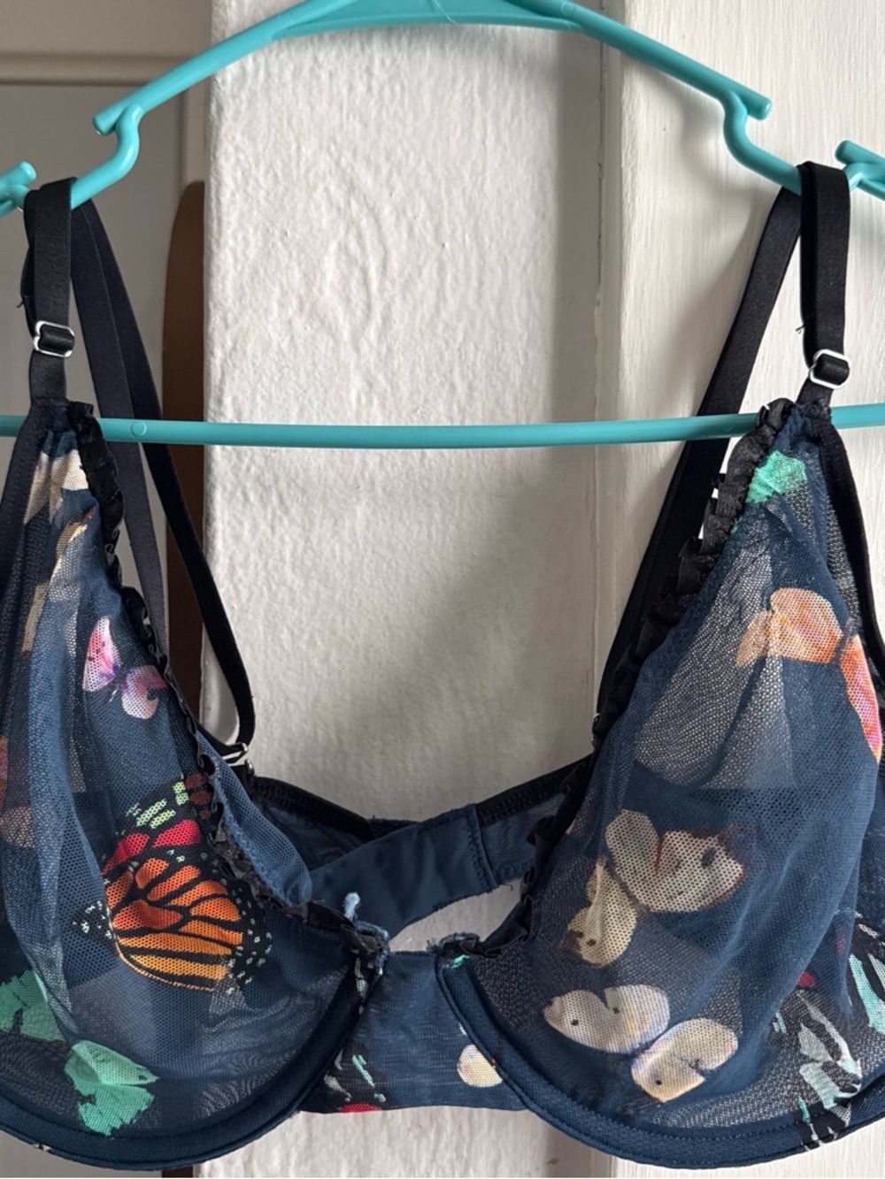 ROMWE Navy Mesh Underwire Bra with Multicolor Butterfly Print